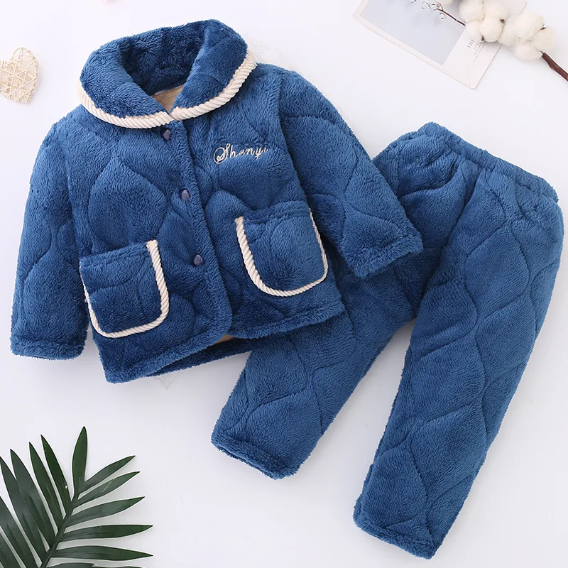 Cold Winter Baby Kid Pajamas Plus Velvet Thicken Girl Boy Homewear Thermal Underwear Three Layers Of Warmth Children Clothes Set