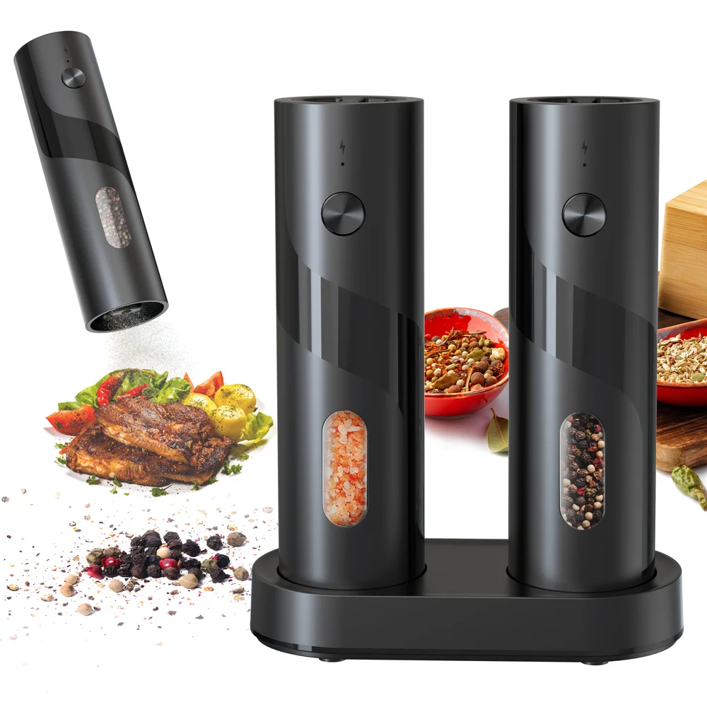 2-teiliges automatisches Salz- und Pfeffermühlen-Set, 3,38oz Behälter, elektrische LED-Pfeffermühlen, einstellbare Mahlgradeinstellung für Küche, Camping, Picknick