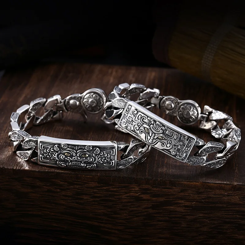 

S925 Sterling Silver Men's Personality Dominant Beast Gluttony Wide Edition Bracelet Retro Rotating Pixiu Silver Chain Bracelet