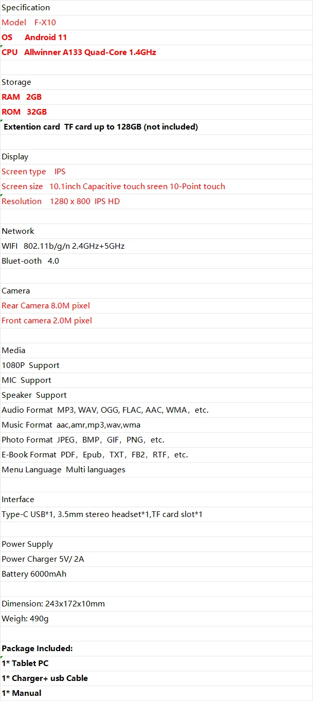 Type-C 10.1 Inch Android 11 Tablet Allwinner A133 Quad-Core Dual Camears 2GB RAM 32GB ROM WIFI 6000mAh 1280*800 Pixels