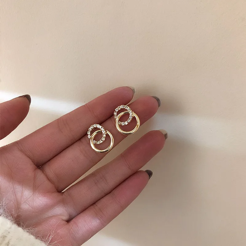FTCY pendientes de tuerca de doble círculo de Color dorado para mujer, exquisito pendiente de cristal de Metal Simple coreano, regalos de joyería de fiesta de lujo