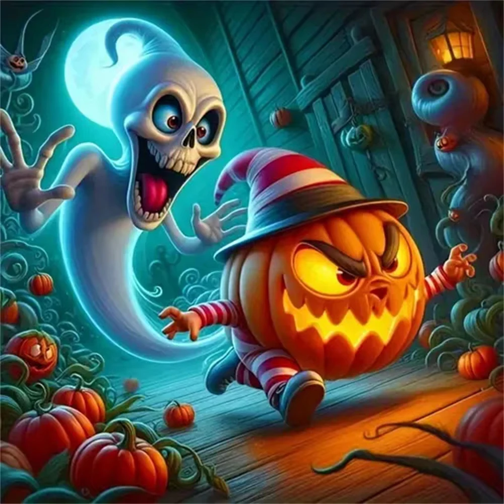 Pumpkin Ghost Diamond Painting Full Square Round Mosaic Cartoon Halloween Craft Kit Picture Of Rhinestones