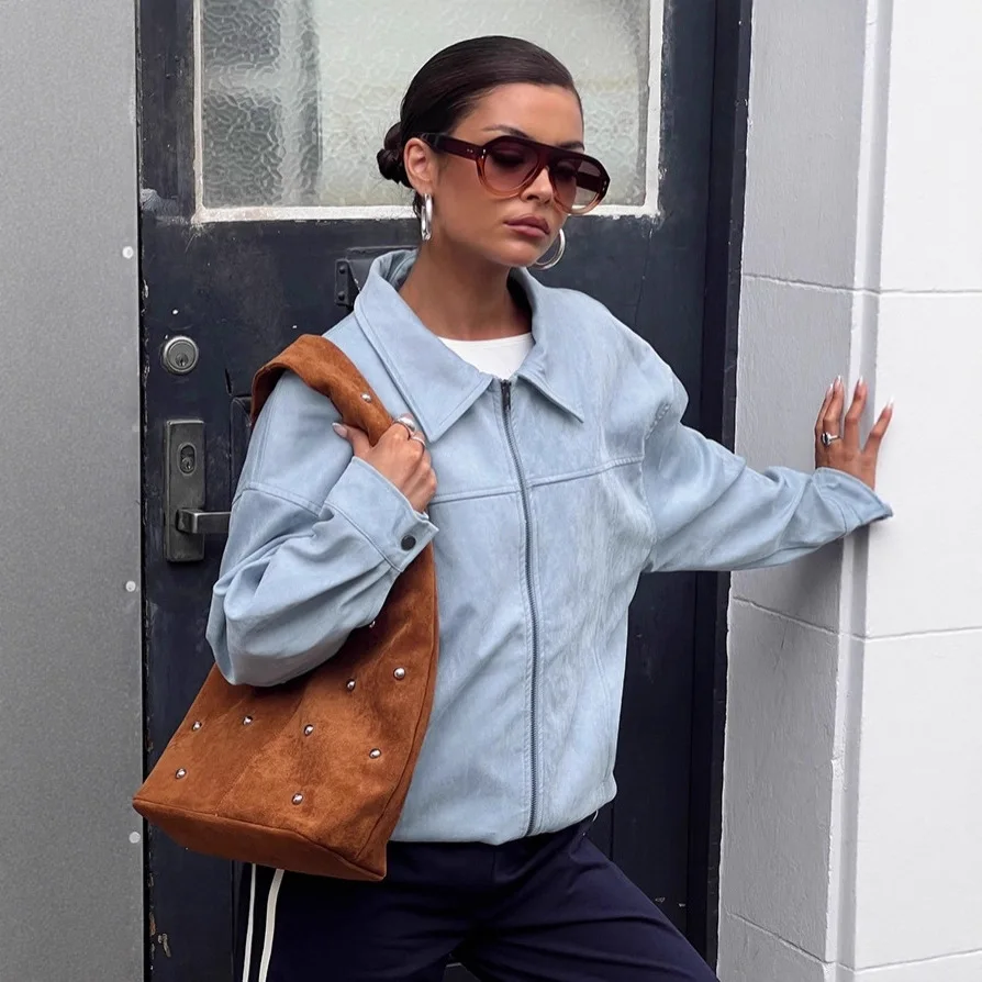 Solid Color Zipper Up Collared Long Sleeve Coat Y2K Vintage Streetwear Womens Fall Spring Micro Jacket Casual Loose Fit Stylish