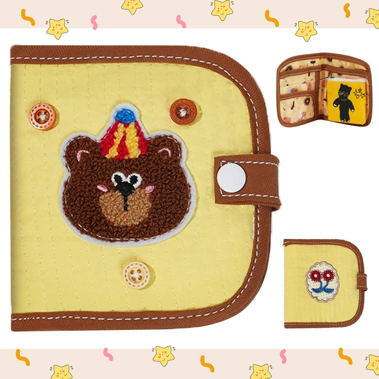 Cute cartoon bear wallet with detachable coin purse, card holder two-fold bill slot practical wallet versatile large capacity