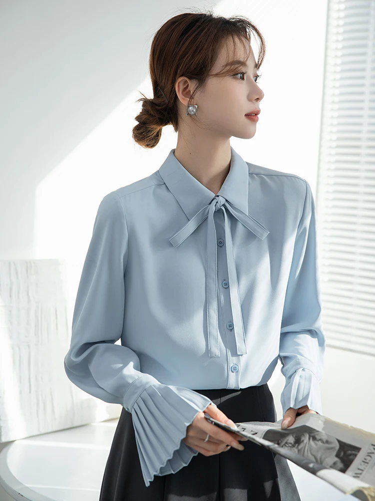 

Women's Bell Sleeve Blouse with Detachable Tie 2025 Fall Winter Office Layering Top Elegant Ruffle Sleeve Shirt