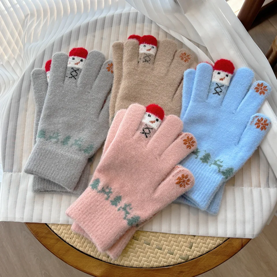 

Sweet Student Kids Glove Christmas Snowman Velvet Knitted Gloves Winter Children Warm Soft Full Fingers Gloves For Girls Boys
