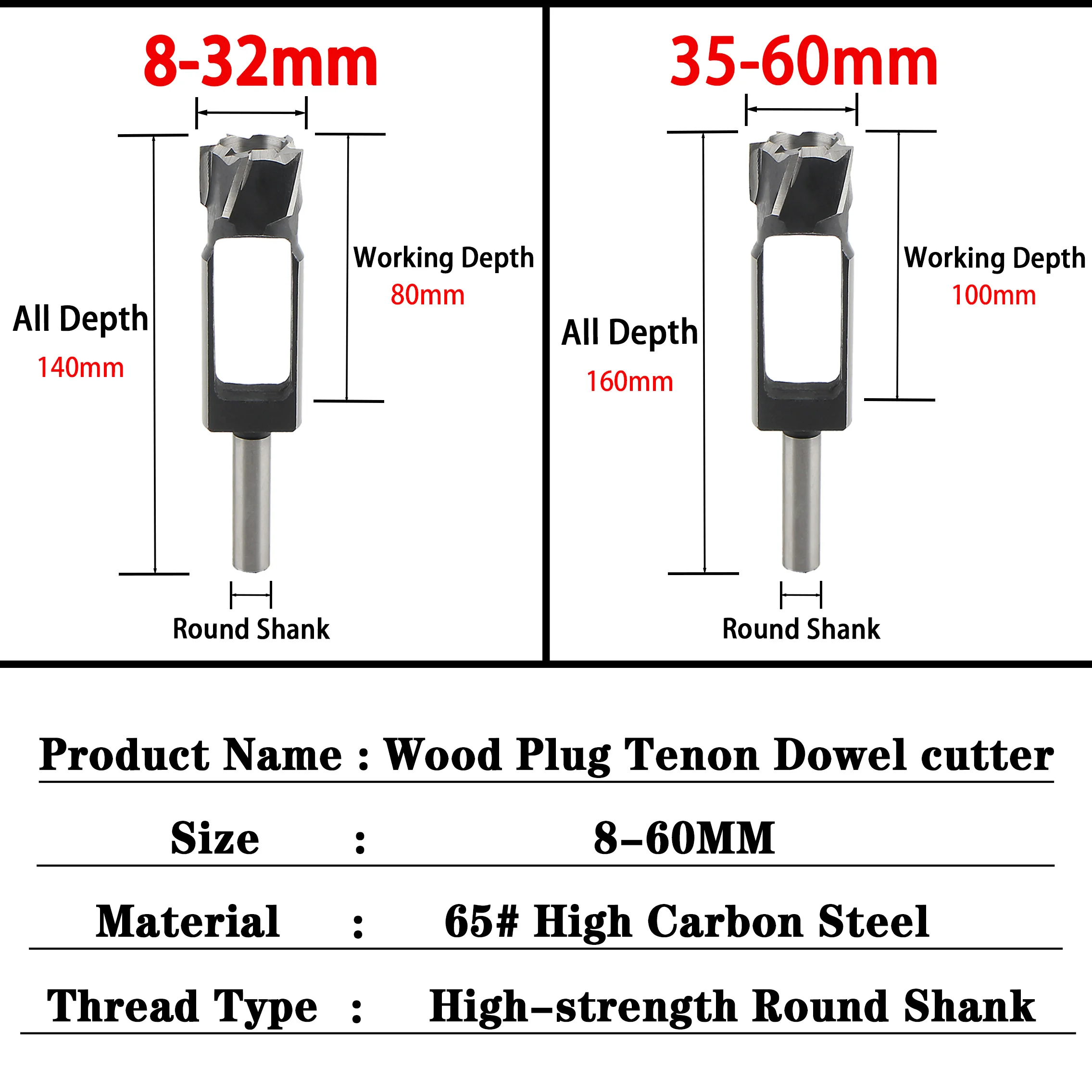 Layzen Wood Plug Drill 8-60mm Tenon Dowel Drill Bit Tenon Maker Tapered Plug Hole Cutter Round Bar Hole Drill Bit For Woodwork