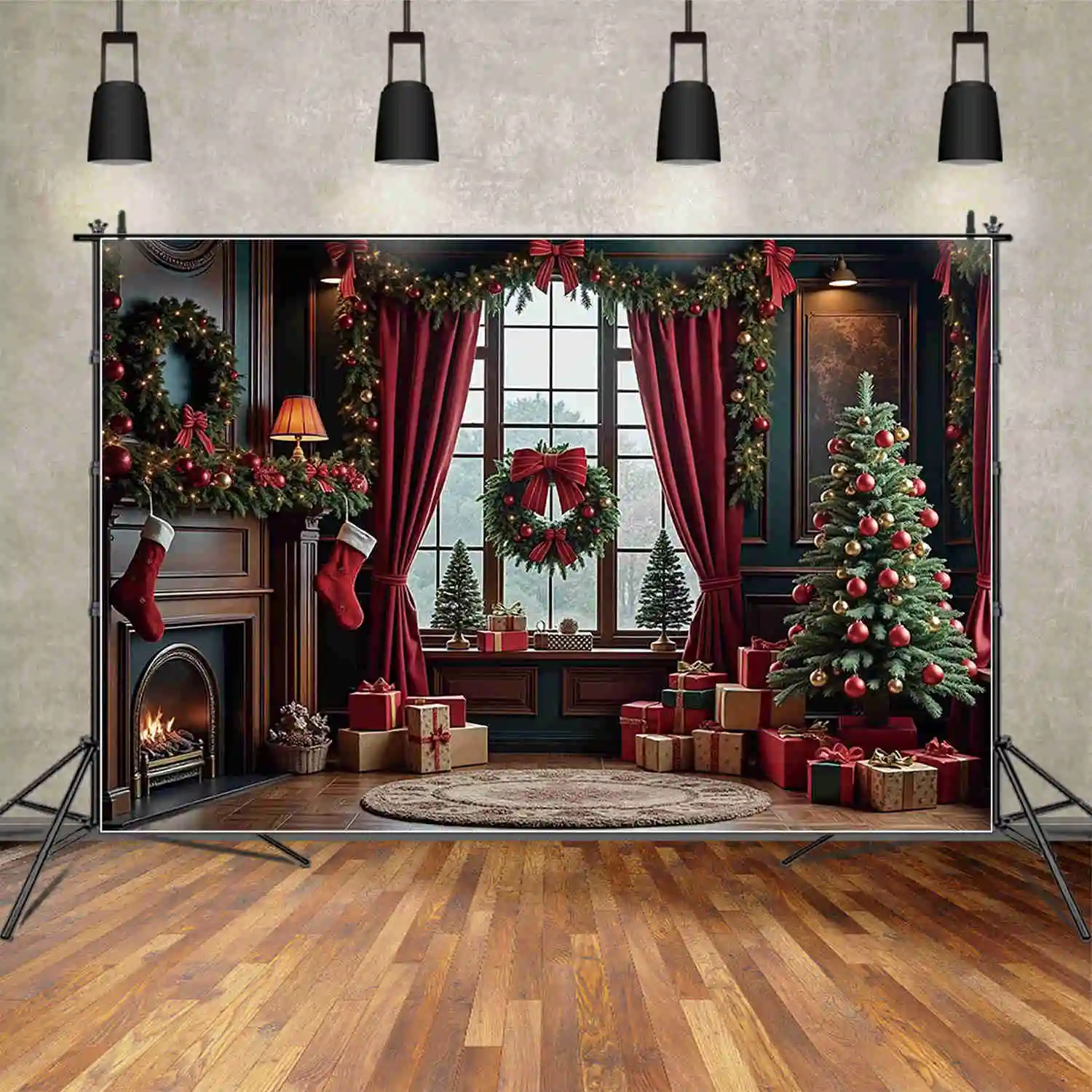 MOON.QG Christmas Red Curtains Teddy Bear Backdrop Living Room Bowknot Tree Fireplace Photo Background Photography Studio Props