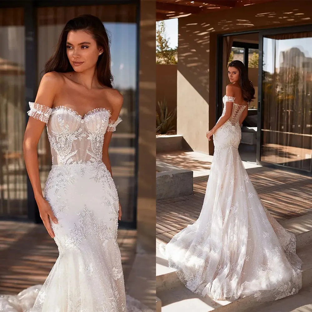 Illusion Mermaid Wedding Dresses Women 2024 Sweetheart Neck Bridal Gown Bow Lace Up Short Sleeves Bride Dresses Garden Wed Party