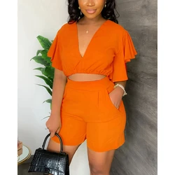 Top corto de manga corta con volantes y cuello en V para mujer, conjunto de pantalones cortos ajustados, traje informal de verano de dos piezas, trajes para mujer