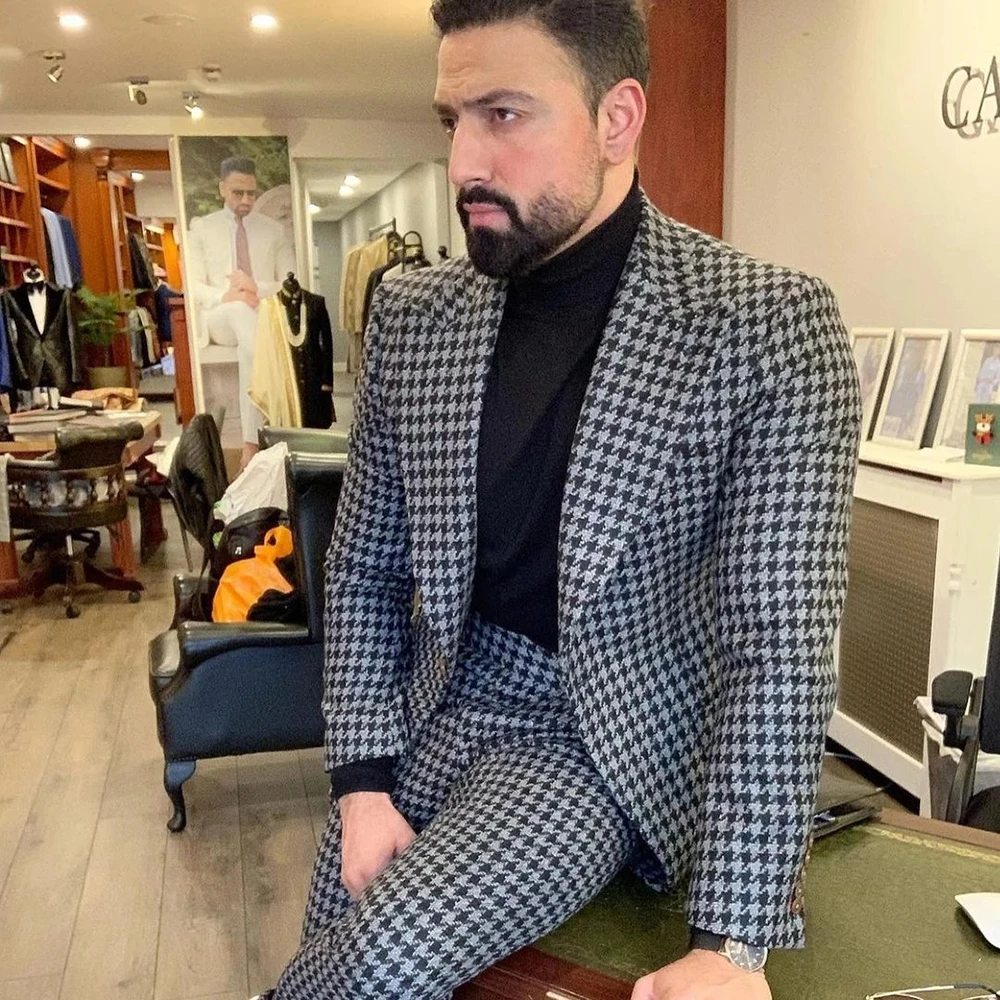 Traje De cuadros grises para Hombre, abrigo De un solo pecho, pantalones De diseño, ropa De novio, esmoquin De boda, Elegante, 2 piezas