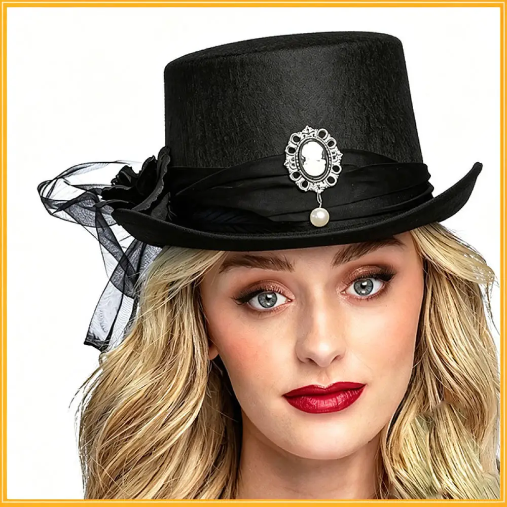 Gothic Elegant Lace Top Hat Black Cameo Pearl Decoration Retro Style Dark Aesthetic Headdress For Stage Performance