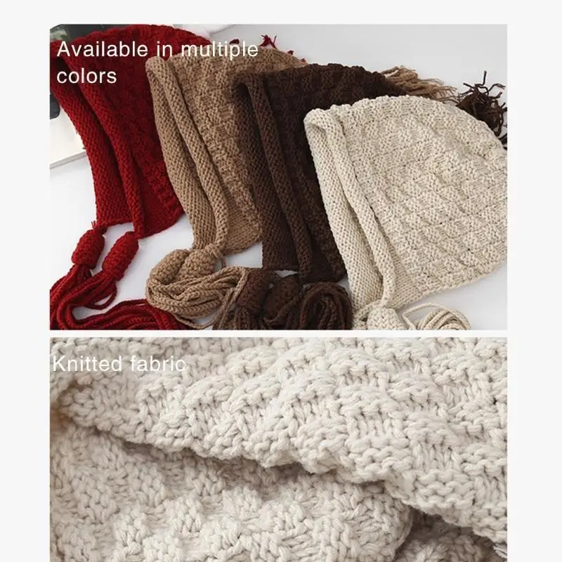 31BB Вязаная шапка ручной работы крючком Модная шапка с бахромой и косами для девочек Муфта для ушей Шапка с помпоном