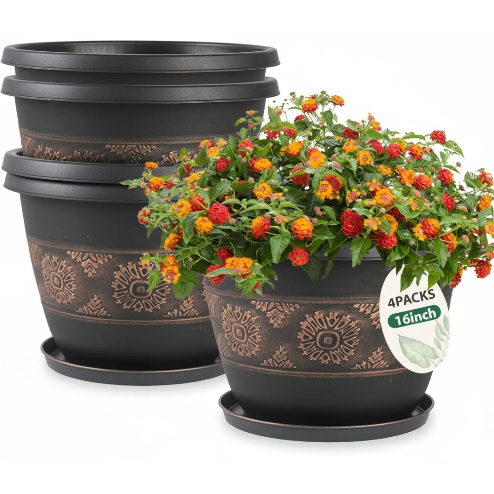 

4 Pack 16 Inch Retro Plant Pots with Drainage Holes & Saucer, Durable Plastic Garden Flower Planters for Indoor Outdoor Plants