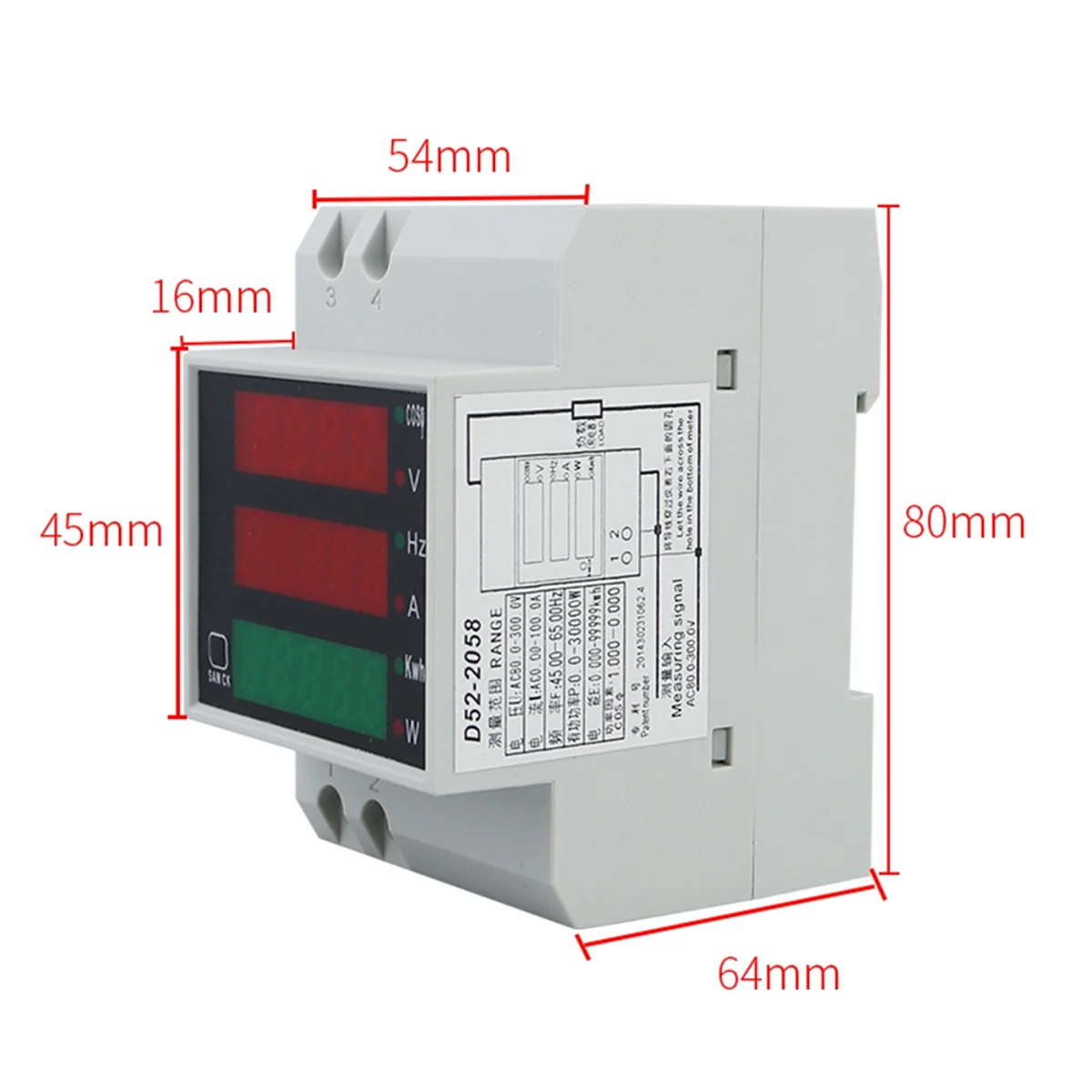 Retail! D52-2058 Wattmeter Din Rail Volt Current Meter Power Factor Digital Meter AC80-300V Multi-Function Kwh Hz Meter 0-100A,A