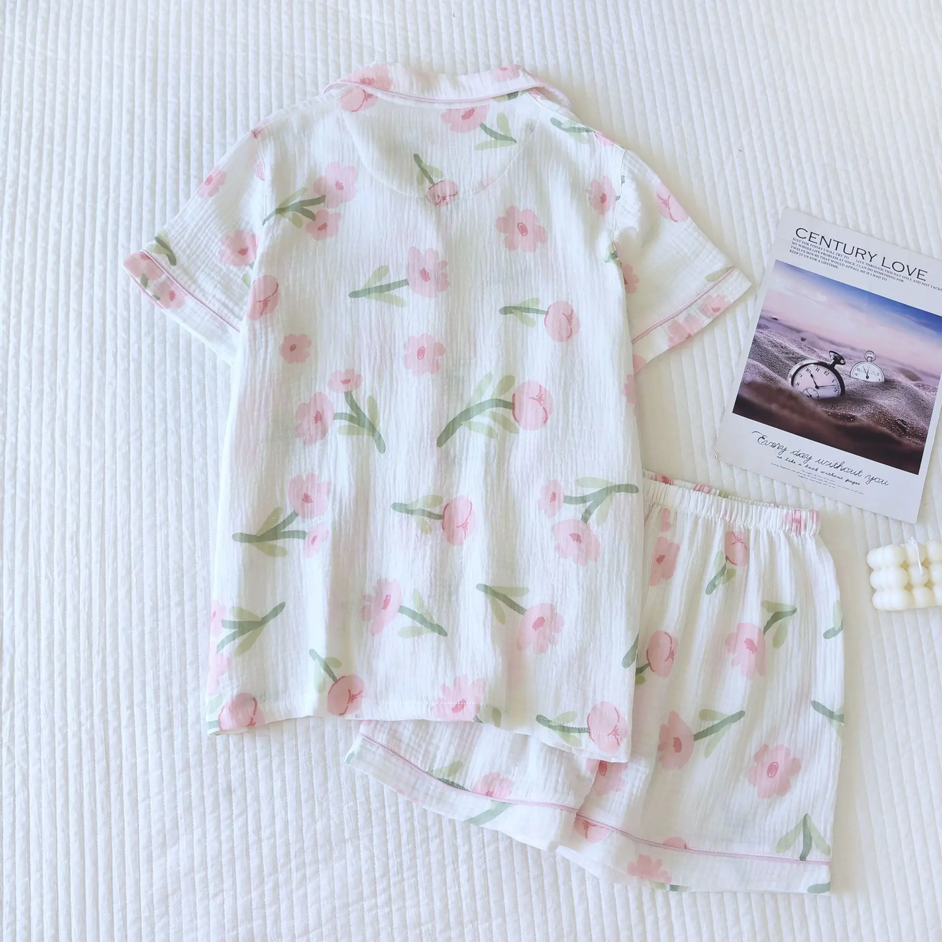 2024 New Summer Women's Pajama Set 100% Cotton Crepe Short Sleeve Shorts Two Piece Ladies Flower Casual Simple Homewear