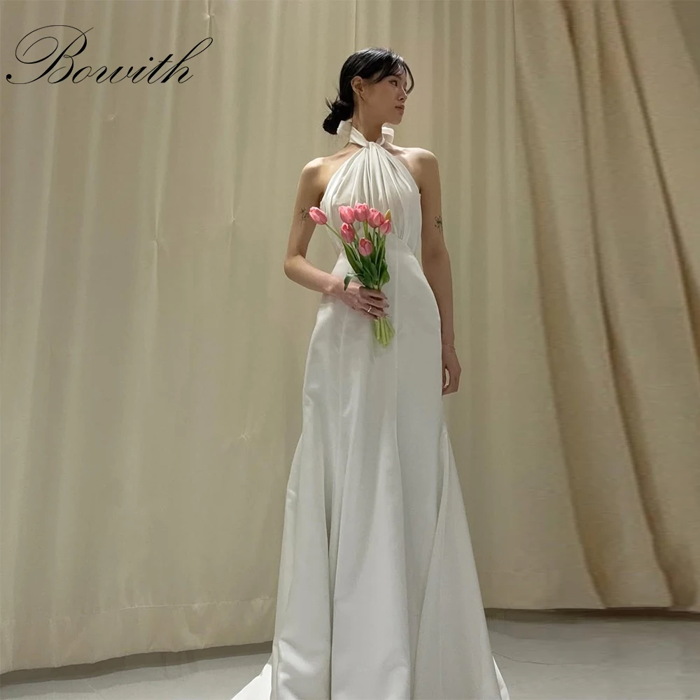 

Bowith Halter Simple Korean Wedding Dresses Customized A-Line Sleeveless Floor-Length Bridal Reception Dresses Party Dresses