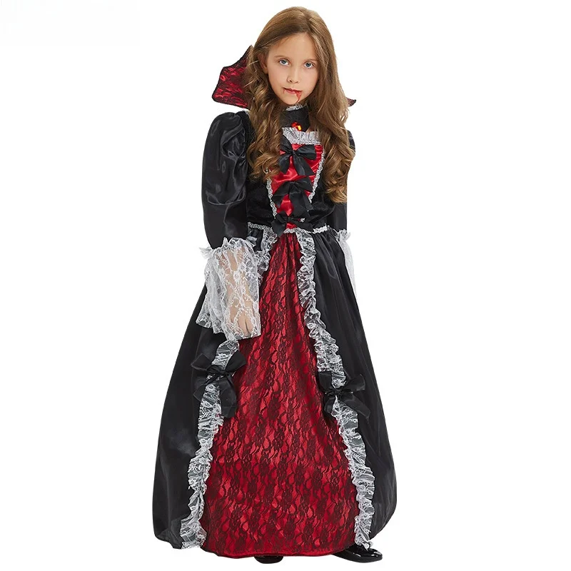 

loween Children's Witch Costume Dr with Bow Tie Lace Trim Long Skirt Role Play Outfit Polyester Fiber Long Dr