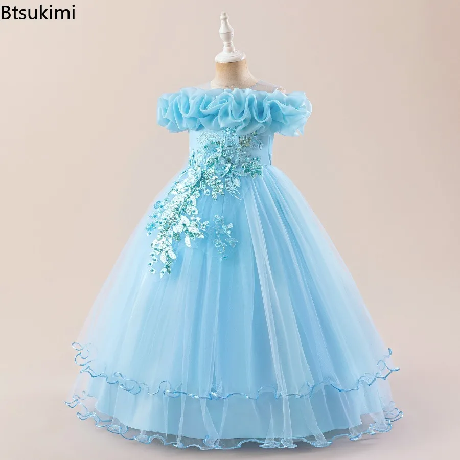 Teen Girls' Lace Flower Party Dress Girl Wedding Bridesmaid Prom Gown Kids Floral Embroidery Long Dresses Children Birthday Wear