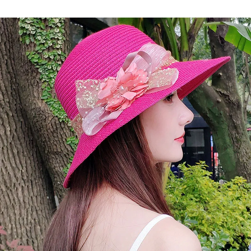 Fashion Women Summer New Women\'s Sun Hat Bucket Cap Beige Lace Bowknot Flowers Ribbon Flat Top Straw Hat Beach Caps Panama Gift