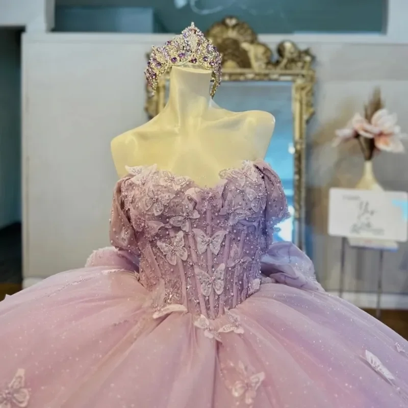 Bonitos apliques De mariposa, vestidos De quinceañera lila con hombros descubiertos, Vestido De baile con lazo grande, Vestido De fiesta De cumpleaños De tul De 15 anos