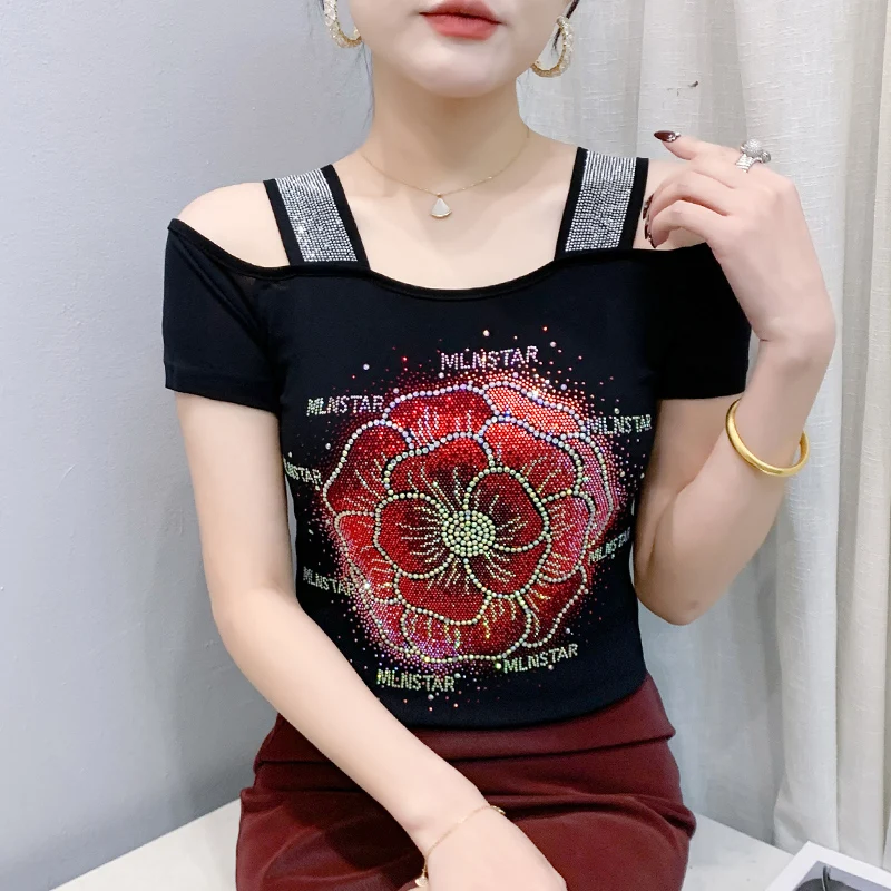 New 2026 Summer Short Sleeved Off The Shoulder Mesh Tops Elegant Slim Hot Diamond Women's T-Shirt M-3XL Clothes