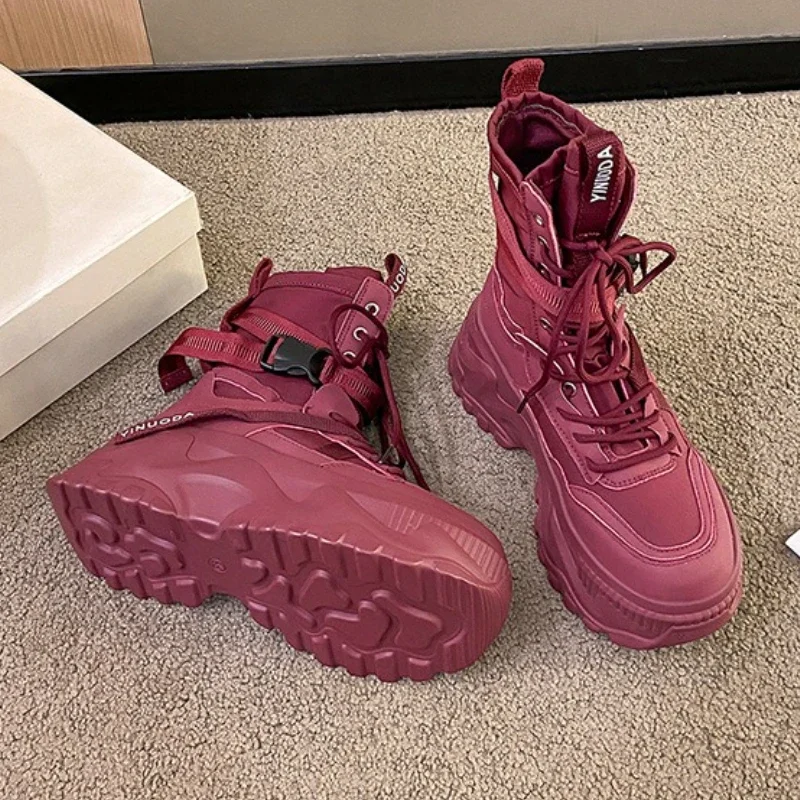 Nuevas zapatillas de deporte con plataforma para mujer, zapatos informales ligeros con cordones cruzados, zapatos vulcanizados de diseñador a la moda, botas cortas informales de marca para mujer