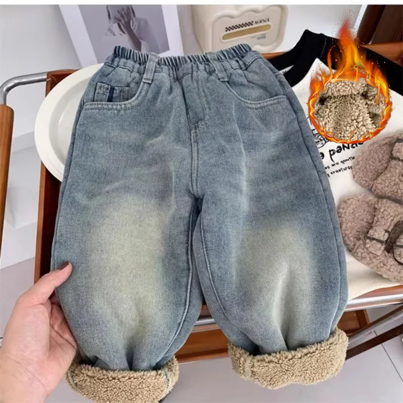 

Зимние флисовые джинсы для мальчиков и девочек, плюшевые бархатные джинсовые штаны, детские утепленные теплые брюки, новые детские повседневные штаны, одежда для младенцев
