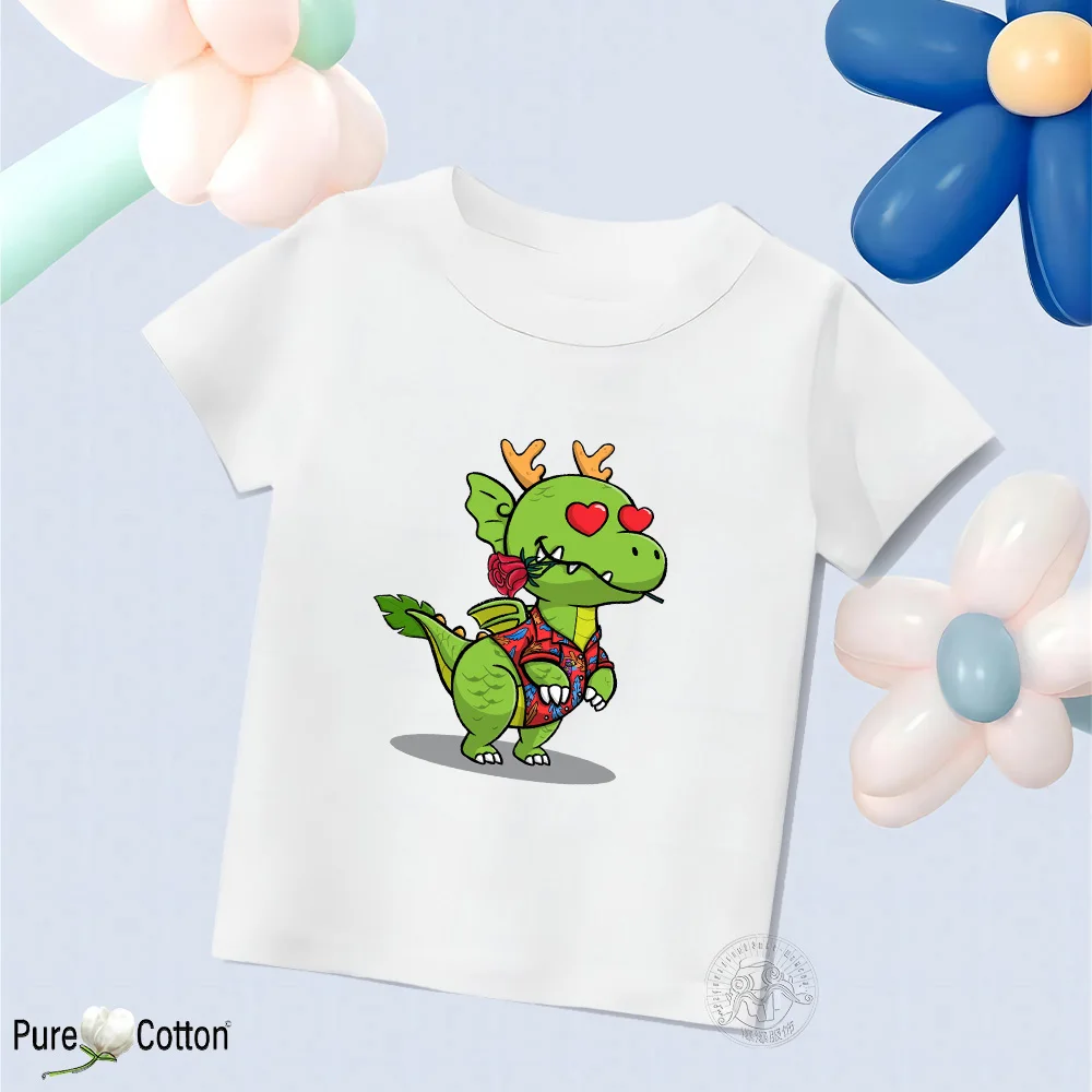 Cartoon 2d Fun Printed Children's Tops Charming Dinosaur Summer cotton short sleeve T-shirt Boys Casual crew neck tops T-shirt