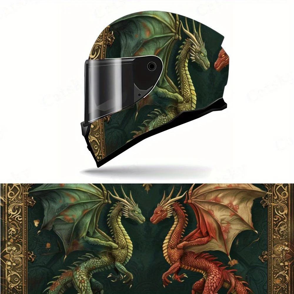 

Twin Dragons Fantasy Helmet Vinyl Wraps, Waterproof Scratch-Resistant Full Face Helmet Decals, Durable PVC Artistic Design, Inst