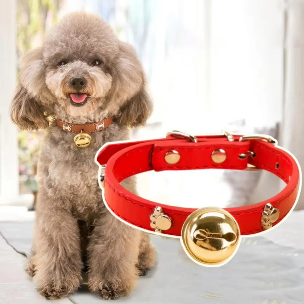 Cute Pet Paw Print Bones Cat Dog Collar Adjustable Soft Leather Dog Walking Collar with Bell Cat Bell Collar Pet Supplies
