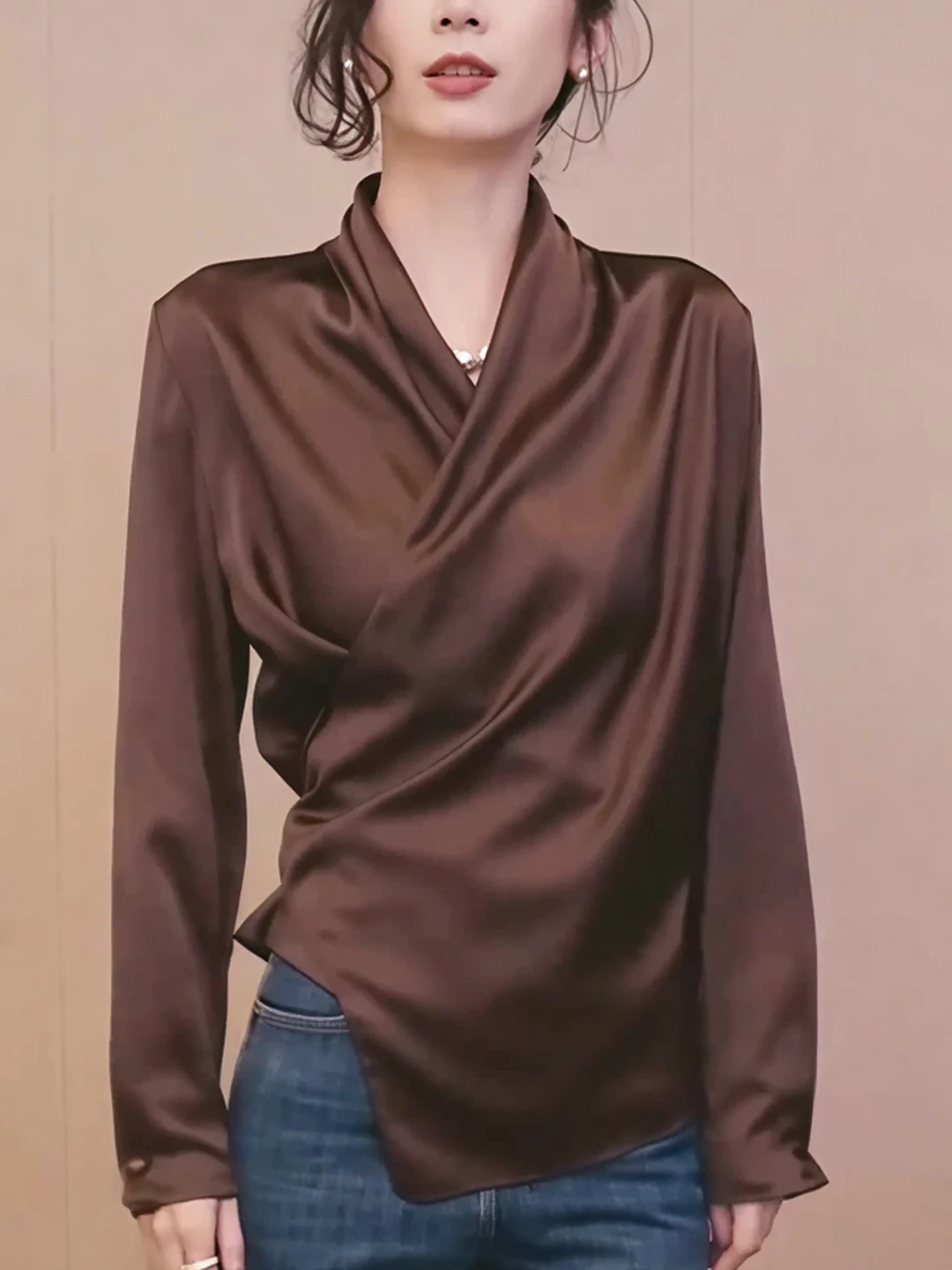 

Ele Pure Color V-Ne Cross Design Long Sve T-irt Women's Slimming Top Korean Sle Commute Wind Loose Fit