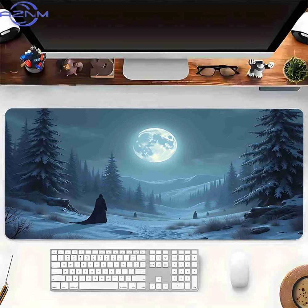 1pc Large Non-Slip Gaming & Office Desk Mat - Full Moon Snowy Forest Mouse Pad with Winter Landscape (Trees, Snow, Moon) - Exten