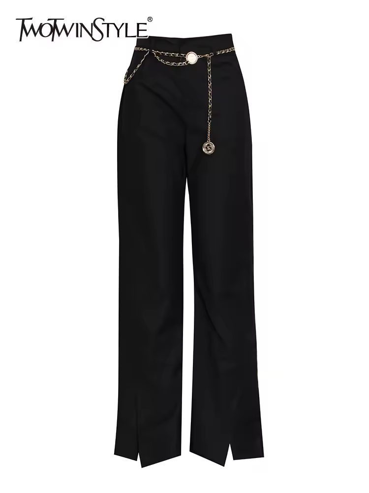 TWOTWINSTYLE Solid Patchwork Chain Split Pants per le donne pantaloni a gamba larga con temperamento tascabile a vita alta moda femminile