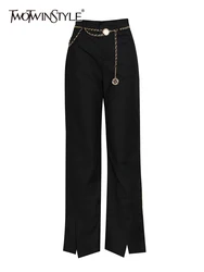 TWOTWINSTYLE Solid Patchwork Chain Split Trousers For Women High Waist Spliced Pocket Temperament Wide Leg Pants Female Fashion