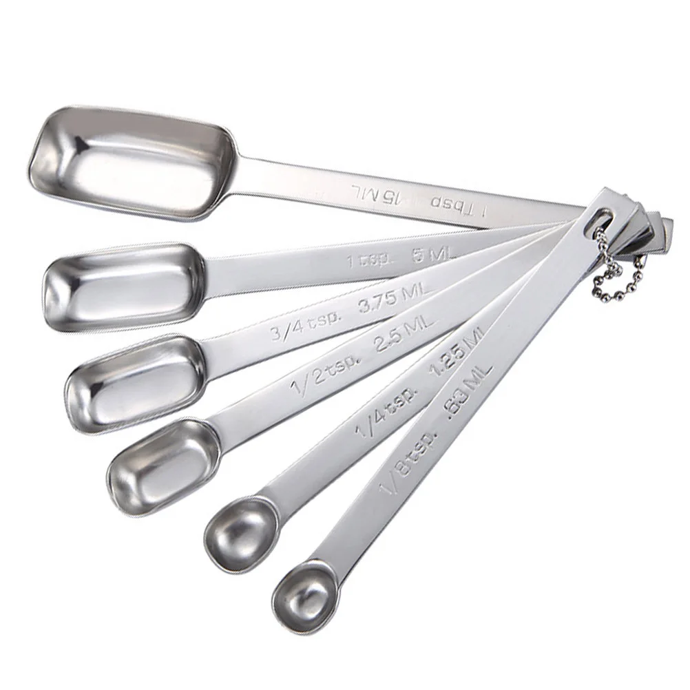 

6Pcs Stainless Steel Measuring Spoon Set Square Head Engraved Scale Rustproof Lightweight Kitchen Measure Seasoning Supplies