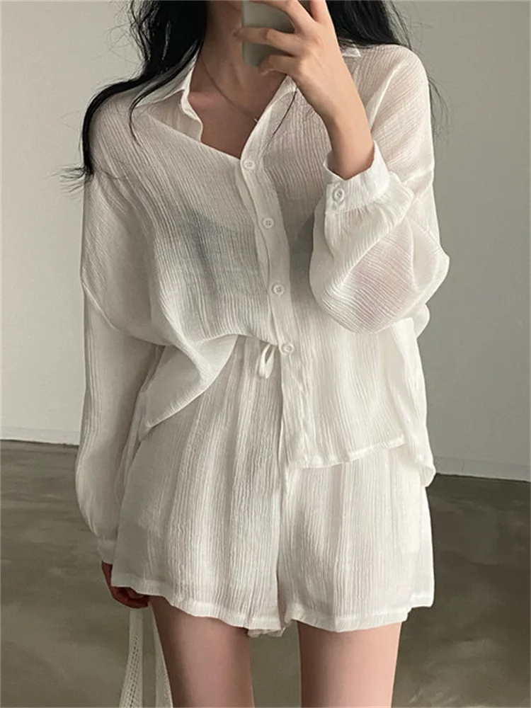 

2 цвета, комплект из 2 предметов, женская рубашка, короткий комплект, весна 2025 года, корейский стиль, солнцезащитная рубашка с длинными рукавами + мини-шорты, два предмета (cs8862