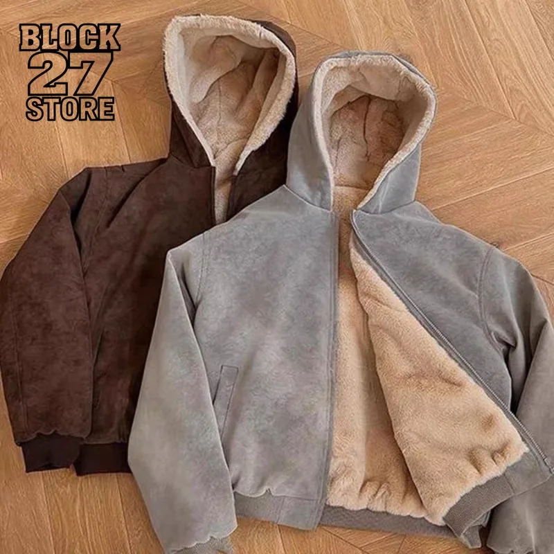 

Mens Jacket Harajuku Winter Faux Rabbit Hooded Cotton Coat Thick Warm Youth Style Streetwear Vintage Puffer Outerwear Fashion