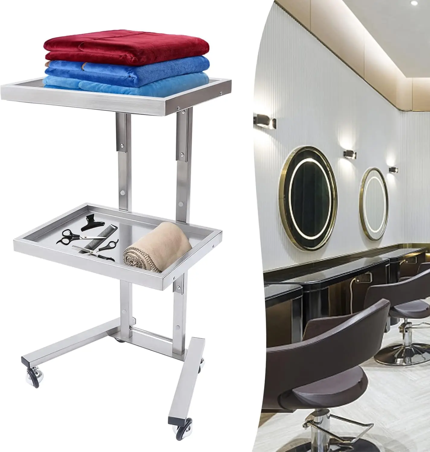 2 Tier Stainless Steel Rolling Cart Foldable Salon Trolley Stand With Wheels 44Lbs Load Capacity Organizer Cart Storage Tray