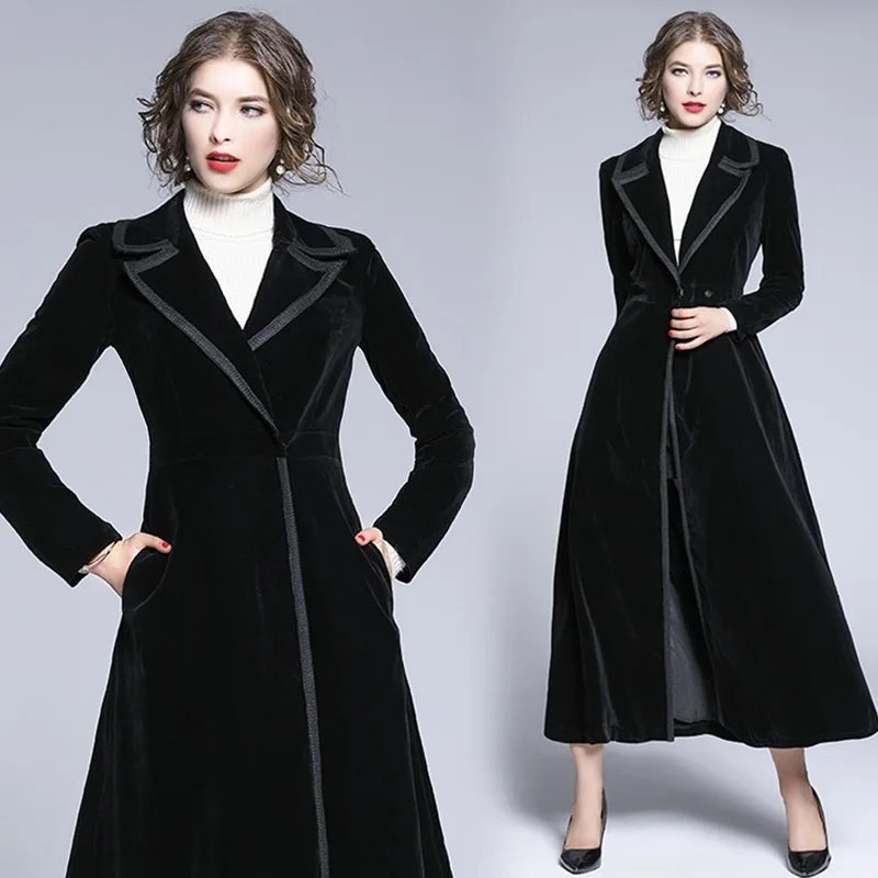 Womens Elegant Slim Notch Lapel Vintage Long Sleeves One Button Midi Maxi Black Velvet Trench Coat Dress Pea Coat Casual Outwea