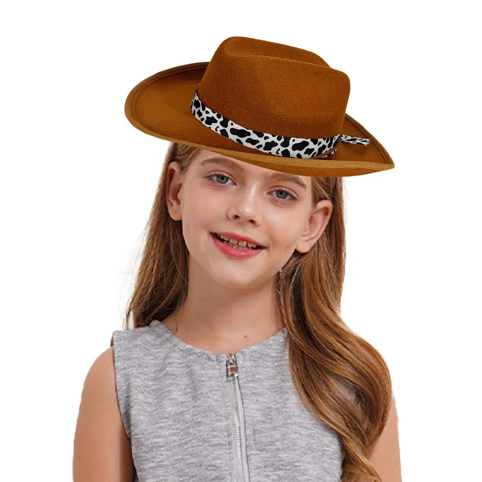 Adorable chapeau de cowboy pour enfants, conception à large bord avec accents de ceinture imprimée de vache, cordon de serrage réglable pour les fêtes costumées du Wild West