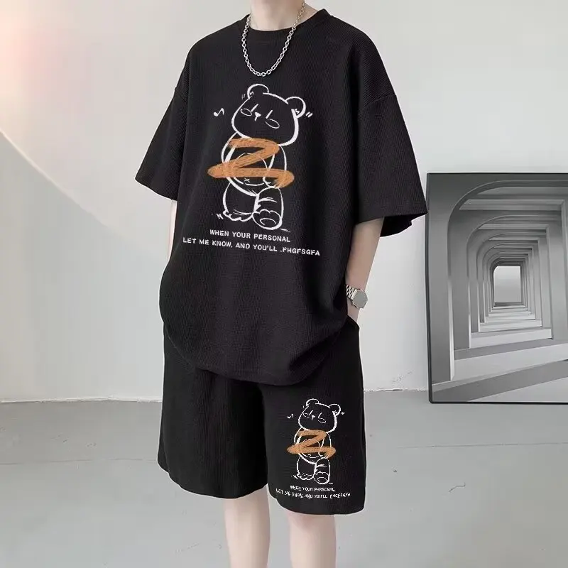 Summer Men Tracksuit Japan Cartoon Streetwear Cool Bear Printed Waffle T Shirts Shorts 2 Piece Set Hip Hop Casual Short Suit New