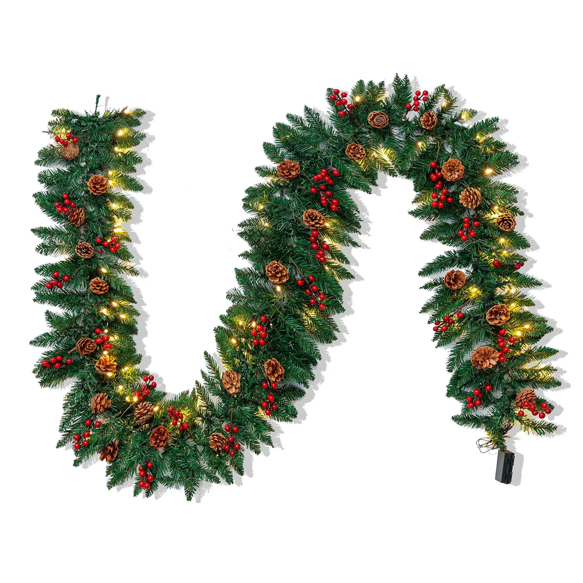

WNTOZ 2.7m Green LED Christmas Garland with 50 Warm White LEDs, Red Berries, Pinecones, 8 Flash Modes, IP44 Waterproof for