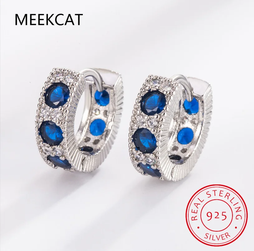 Luxury Round Created Blue Sapphire 925 Sterling Silver Geometric Hoop Earring for Women Fashion Statement Gemstone Jewelry Arete