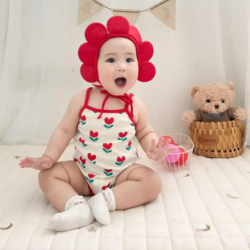 2026 Summer New Baby Girl Sleeveless Sling Bodysuit + Hat Infant Girl Cute Flower Jumpsuit Cotton Newborn Toddler Clothes