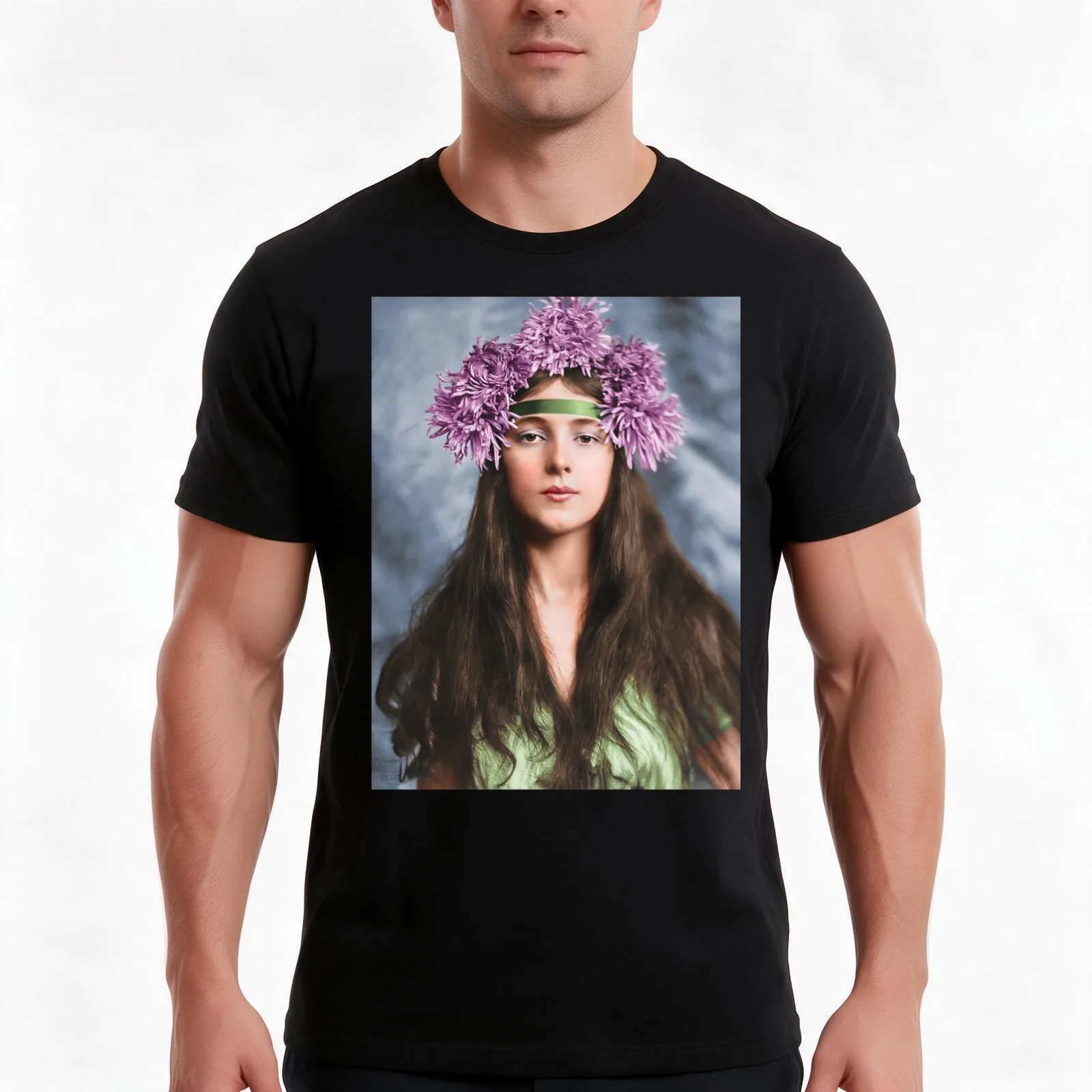 Evelyn Nesbit with Chrysanthemums on her head - Restored and colorized old photo from 1901. T-Shirt Summer Casual Cotton Tee