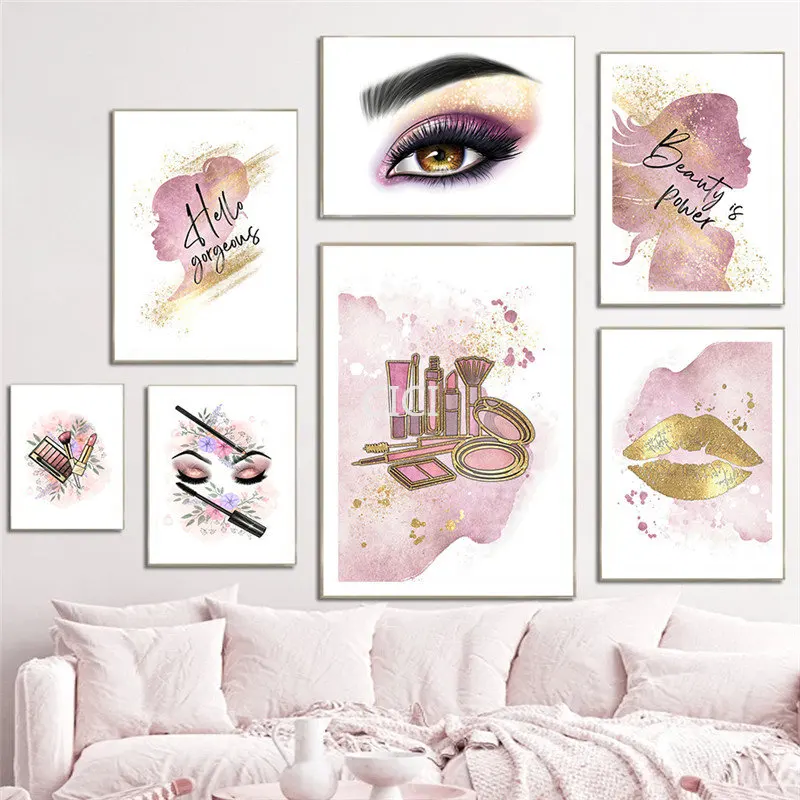 Canvas Painting Lipstick Mascara Fashion Gold Lips Makeup Wall Art Beauty Salon Decoration Girl Room Home Wall Decor