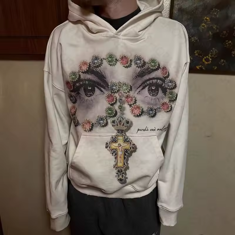 Men's Graphic Hoodie Streetwear Vintage Gothic Eye Print Sweatshirt Hip Hop Pullover with Cross Floral Design - AliExpress