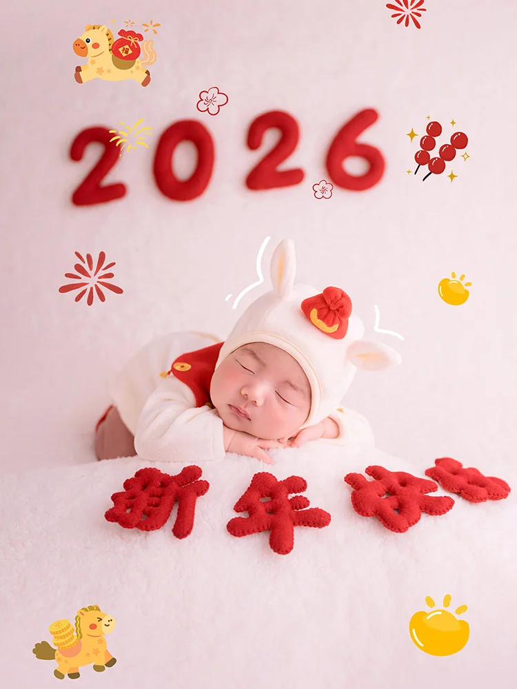 

Chinese Zodiac Horse Themed Newborn Photography Kit Cute Horse Baby Costume Red Foal Gold Ingot Photo Scene Decor for Studio Use