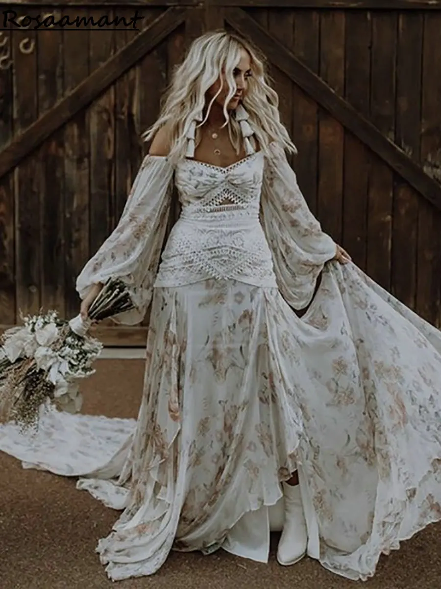 Vestidos De Novia bohemios De manga larga con estampado Floral, apliques De encaje, línea A, hombros descubiertos, Vestidos De Novia